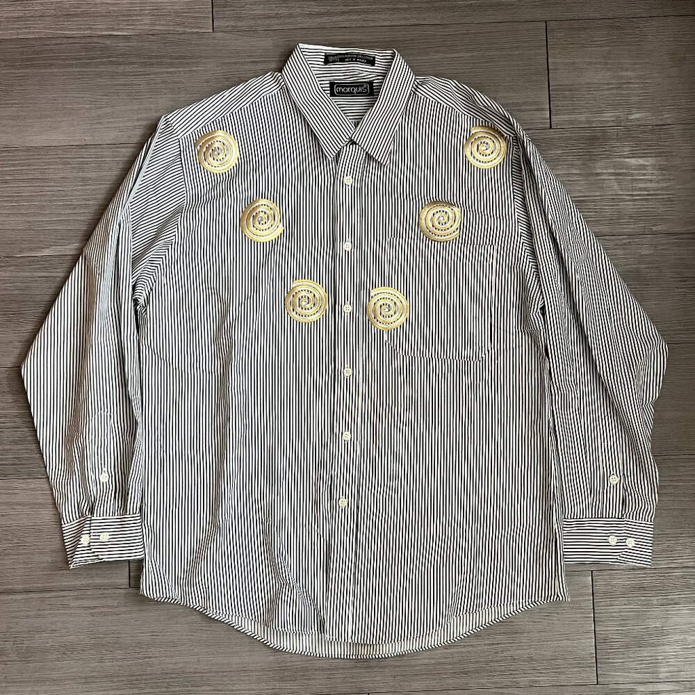 80s Marquis Embroidered Striped Gold Swirl Long Sleeve Button Down Novelty Sz L